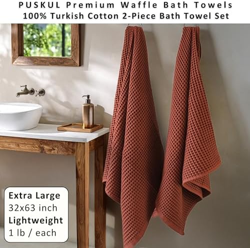 PÜSKÜL Natural 100% Turkish Cotton Waffle Bath Towels Set of 2, Extra-Large - Image 4