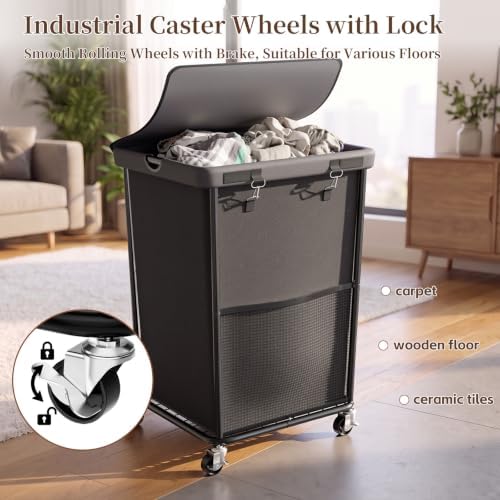 Laundry Hamper with Wheels and Lid, 150L Large Rolling Laundry Basket Gray - Image 3