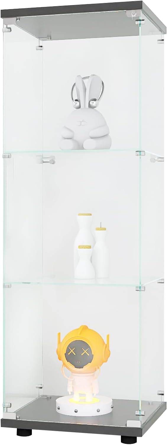 Yoluckea 3 Shelves Glass Display Cabinet with Door,Floor Standing Clear Glass Curio Cabinet Collection Display Case for Living Room Bedroom 49.41”x15.16”x13.58” Black (Quick Assembly)