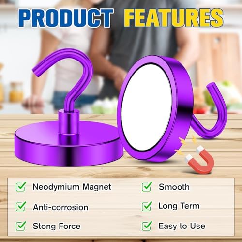 Grtard 8 Pcs Purple Magnetic Hooks Heavy Duty, 120 LBS Strong Magnet Hooks - Image 3