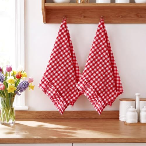 HunnmingRe 2 Pcs Red Gingham Kitchen Towels Cotton Ruffled - Image 5