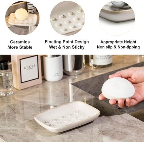Miamolo Soap Dish for Shower, Ceramic Soap Dish Non-Slip Soap Holder Bar Saver - Image 4
