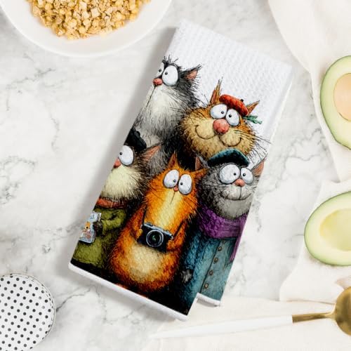 4 Pcs Cute Cat Kitchen Towels, Funny Cats Gifts Absorbent Hand Towels-08 - Image 3