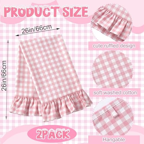 HunnmingRe 2 Pcs Light Pink Gingham Kitchen Towels Cotton Ruffled - Image 2