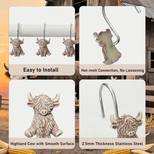 12 Pcs Highland Cow Shower Curtain Hooks - Image 3