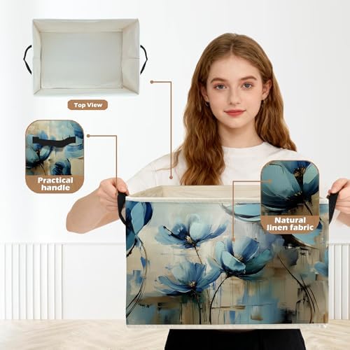 Abstract Blue Floral Storage Box Bins, Modern Impressionism Flower Botanical - Image 2
