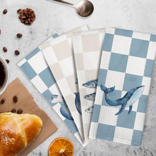 Preppy Coastal Beach Kitchen Towels and Dishcloths Set of 4, Nautical Beachy - Image 3