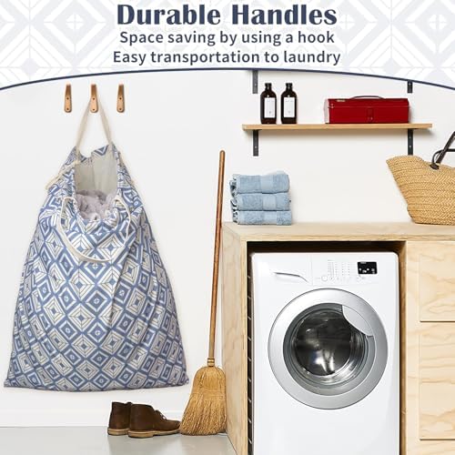 Canvas Laundry Bag with Handles & Drawstring, XL 33"Wx 35"H, Geometry Blue - Image 4