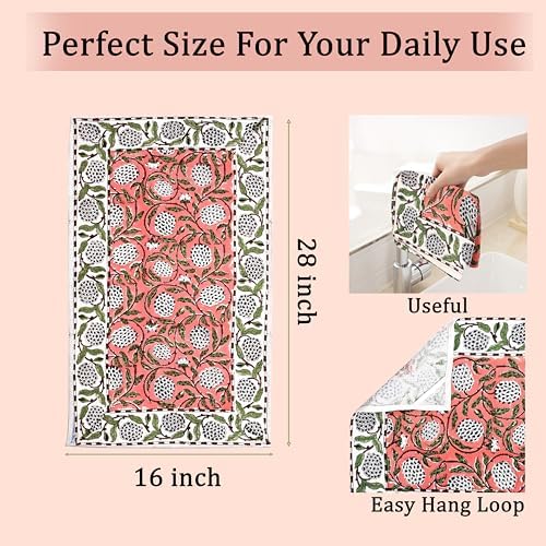 Ridhi Dark Salmon Pink Hand Block Print Cotton Kitchen Towels, 16x28 Inch - Image 3