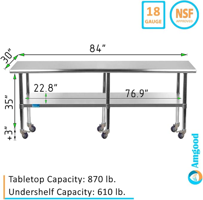 AmGood 84" Long x 30" Deep Stainless Steel Table with Casters