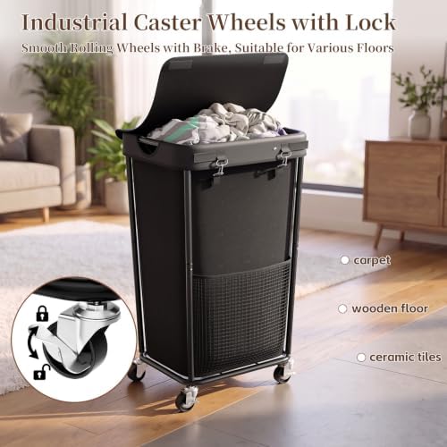 Laundry Hamper with Wheels and Lid, 110L Large Rolling Laundry Basket Black - Image 3