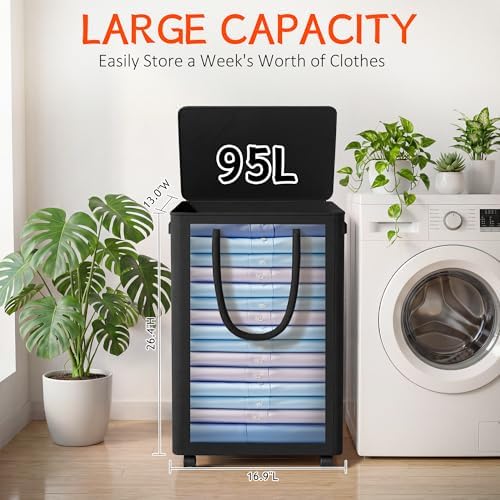 Slim Laundry Hamper with Wheels, 25 Gal Rolling Laundry Basket with lid and - Image 2