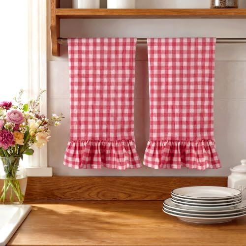 HunnmingRe 2 Pcs Watermelon Pink Gingham Kitchen Towels Cotton Ruffled - Image 6