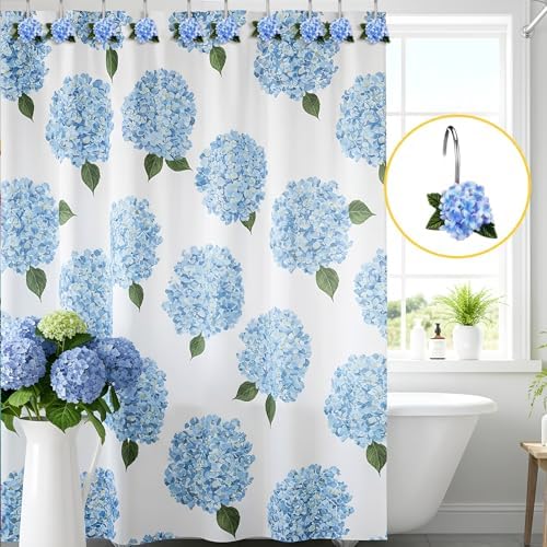 Amyhill 12 Pcs Hydrangea Decorative Shower Curtain Hooks Blue Flower Shower - Image 5