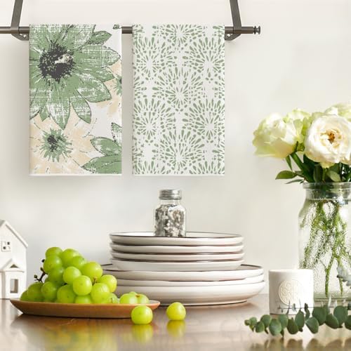 Artoid Mode Green Floral Leaves Boho Kitchen Towels Dish Towels, 18x26 Inch - Image 2