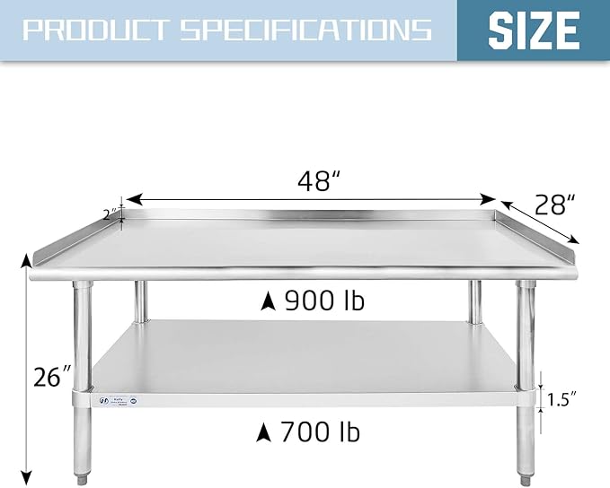 HALLY Stainless Steel Equipment Stand 28x48 Inches with Undershelf, NSF Commercial Prep & Work Table with Rear and Side Risers, Heavy Duty Grill for Kitchen, Bar, Restaurant, Home and Hotel