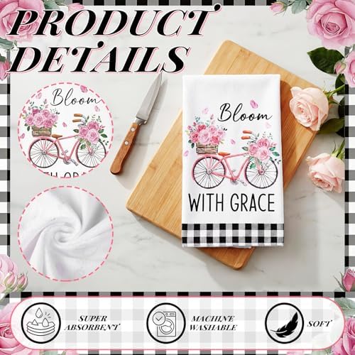 VitalCozy 6 Pcs Pink Rose Kitchen Towels Set Black and White - Image 4