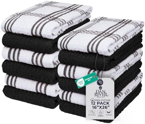 DAN RIVER Black Kitchen Towels, 12 Pack, 16x26 Inches Absorbent Dish Towels by DanRiver
