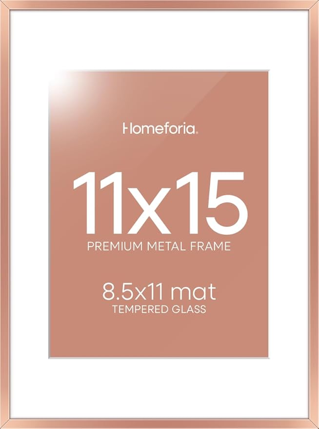 Homeforia 11x15 Picture Frame Rose Gold, High End Metal 11x15 Wall Hanging Frame with Mat 8.5x11, 11 x 15 Poster Frames Matted to 8.5 x 11 inch Photo, 11by15 Frames, Tempered Glass, Wall Kit, Set of 1