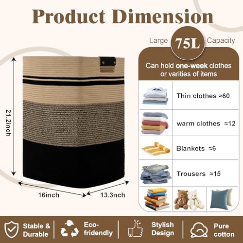 Laundry Hamper, 75L Tall Laundry Basket - Image 3