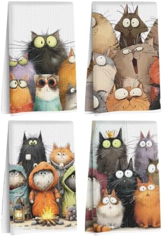 4 Pcs Cute Cat Kitchen Towels, Funny Cats Gifts Absorbent Hand Towels-03 by Jztco