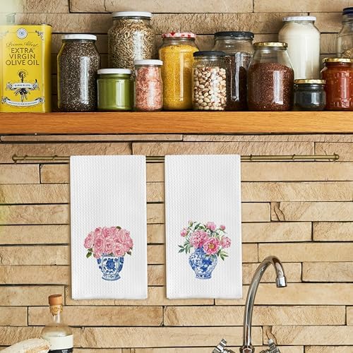 Blue and White Porcelain Chinoiserie Dish Towels Set of 2, 16x24 Inches - Image 2