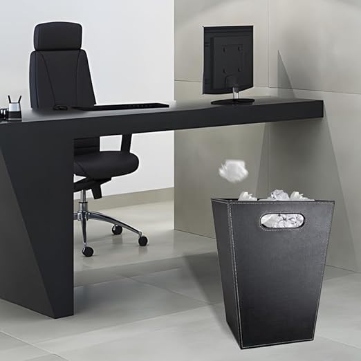 GORESE Pu Leather Trash Can for Bedroom, 16L/4.2 Gallon Office Wastebasket with Handles for Near Desk, Black Bathroom Garbage Cans for Home Decorative, Square Waste Basket Bin for Dorm Easy to Clean