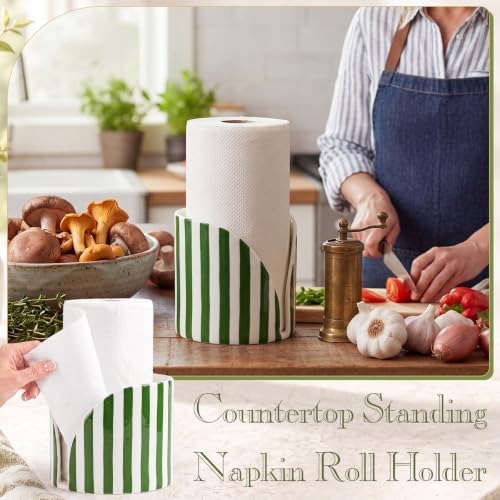 Hushee Green Striped Ceramic Paper Towel Holder, Kitchen Countertop Stand - Image 4