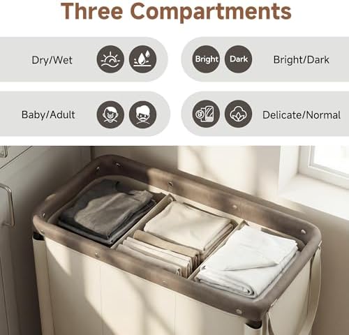 StorageWorks 2 Section Laundry Hamper, 120L Tan Sorter Cart - Image 4