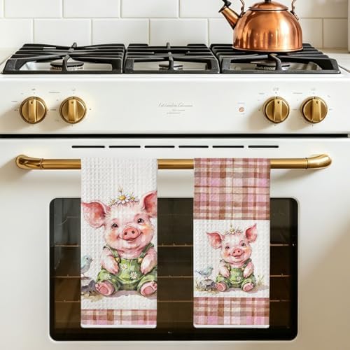 Jztco 2 Pcs Cute Pig Kitchen Towels, Plaid Pink Soft Absorbent Hand Towels - Image 5