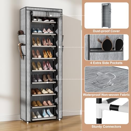 VILICK Shoe Rack with Cover Narrow Shoe Rack Organizer with 4 Side Pockets 10 - Image 4