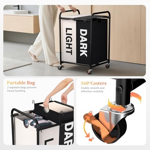 120L Laundry Sorter 2 Section, Rolling Laundry Basket - Image 4
