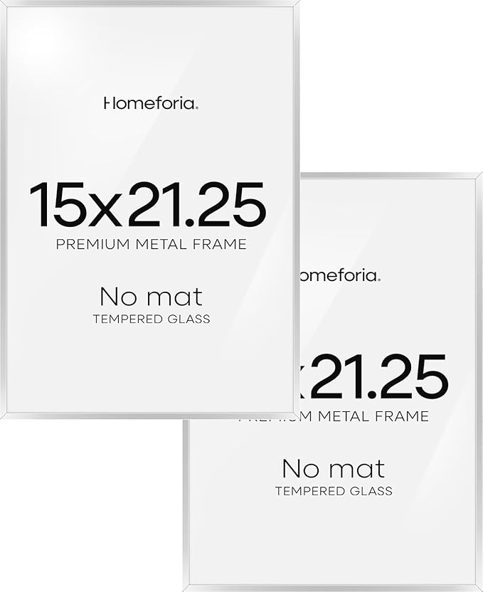 Homeforia 15x21.25 Silver Puzzle Frame, High End Metal 15 x 21.25 Picture Frames without Mat, 21.25x15 Thin Silver Poster Frame for Wall, 15by21.25 Puzzle Art Frame, Tempered Glass, Wall Kit, Set of 2