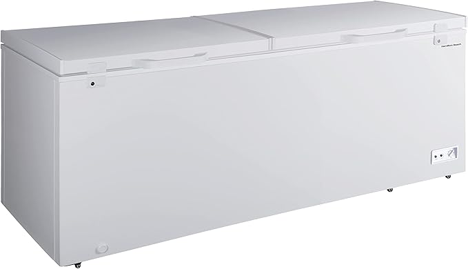 Hamilton Beach 25 Cu. Ft. Garage Ready Chest Freezer, White Deep Freezer, Adjustable Thermostat, Easy Defrost Drain, Double Door Lid, for Storage, Hunting, Large Family - 29"D x 79"W x 38"H