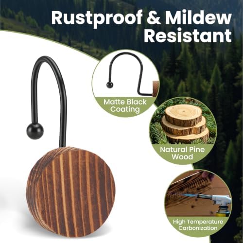 Wood Shower Curtain Hooks, Boho Shower Curtain Rings Decorative, Free Sliding - Image 4