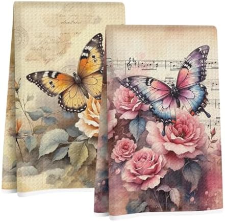 2 Pcs Vintage Butterfly Kitchen Towels, Flower Soft Absorbent Hand Towels by Jztco