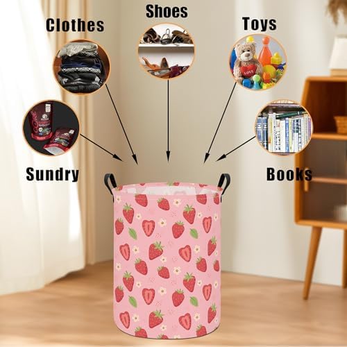 Round Laundry Basket Collapsible Storage Hamper Flower Strawberry - Image 4