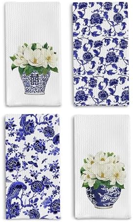 Blue and White Porcelain Chinoiserie Kitchen Towels Set of 4 by ColorfulLifeStartingwithYourCuteTowel