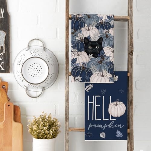 Artoid Mode Blue Pumpkin Cat Fall Kitchen Towels Set of 4 18x26 Inch - Image 3