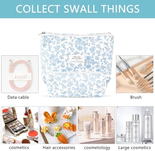2Pcs Quilted Cotton Makeup Bag Travel Makeup Brush Bag Large Small Pouch Set - Image 2
