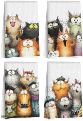 4 Pcs Cute Cat Kitchen Towels, Funny Cats Gifts Absorbent Hand Towels-08 by Jztco