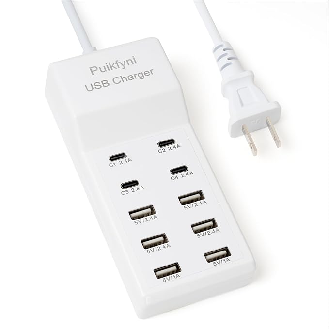 Portable USB C Charging Station,4 -C- Ports, USB Charging hub 10-Ports/USB c Charger Block for Multiple Devices Phones Tablet Smartwatch Headphones Speakers (USB-4C+6A)