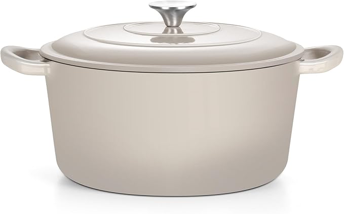 TeamFar Enameled Cast Iron Dutch Oven, 7qt Dutch Oven Pot Nonstick Cookware with Lid & Dual Handles for Bread Baking, Cooking, Oven Safe up to 500℉ & Various Stovetops, Healthy & Heavy Duty - Khaki