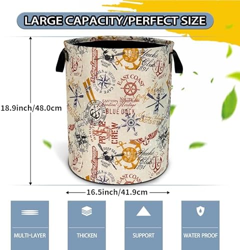 Anchor Compass Laundry Basket Foldable Waterproof Hamper 18.9 x 16.5 Inch - Image 2
