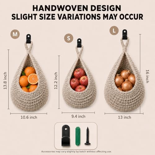 Hanging Fruit Baskets for Kitchen, 3 Pack Handwoven Wall Baskets - Image 2