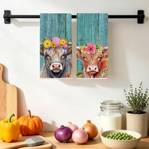 Jztco 2 Pcs Cow Kitchen Towels, Rustic Flower Soft Absorbent Hand Towels - Image 4
