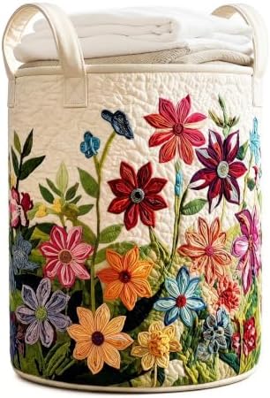 Quilted Laundry Basket with Handles, Boho Floral Quilted Storage Hamper by Unknown