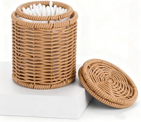 Rattan Q-tip Holder with Lid, Cotton Swab Canister - Image 5