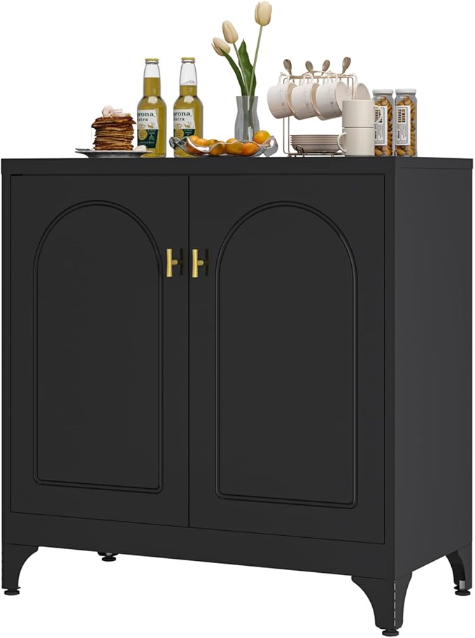 Metal Sideboard Buffet Cabinet with Storage,33 Inch Coffee Bar Cabinets with Adjustable Shelf, Black Kitchen Pantry Cabinet for Dining Room, Living Room