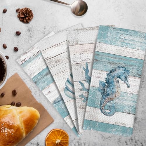 Beach Coastal Kitchen Towels and Dishcloths Set of 4, Lake House Nautical - Image 3